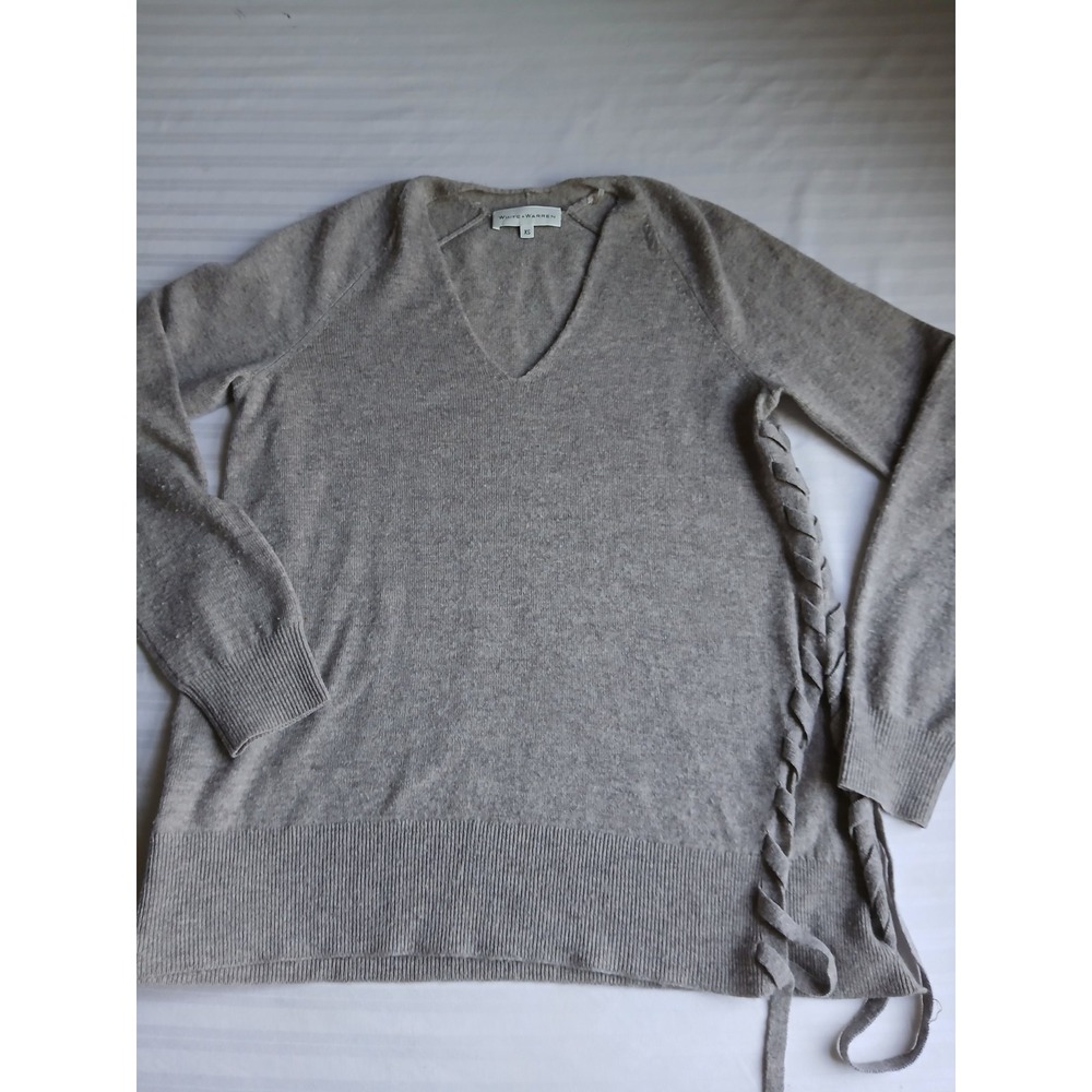 White And Warren Sweater XS Merino Wool Cashmere V Neck Tie Side Knit Layers